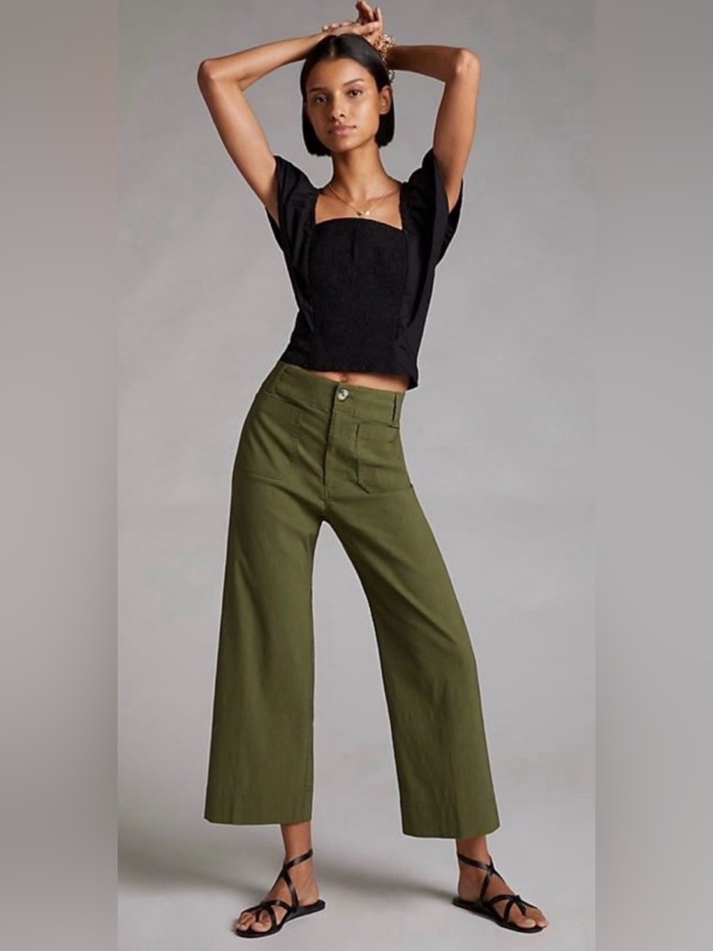 Maeve The Collette European Linen Stretch Green Linen Stretch Wide Leg Pant 32